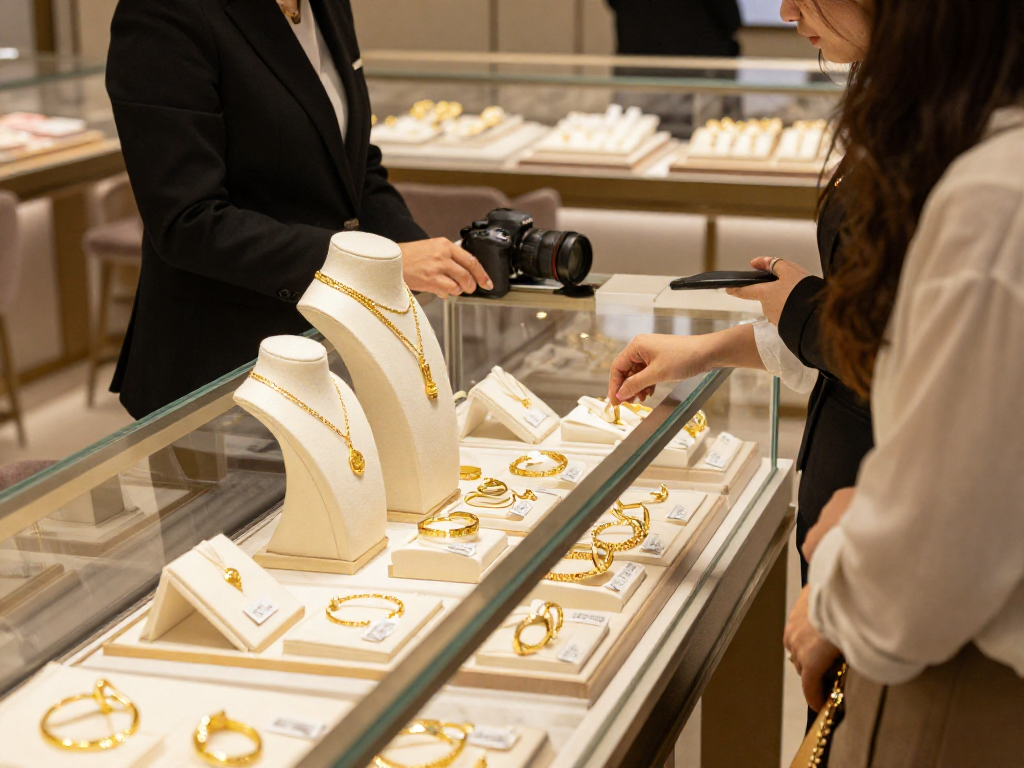 mantra88 Gold jewelry buying experience in a luxurious showroom with elegant displays.