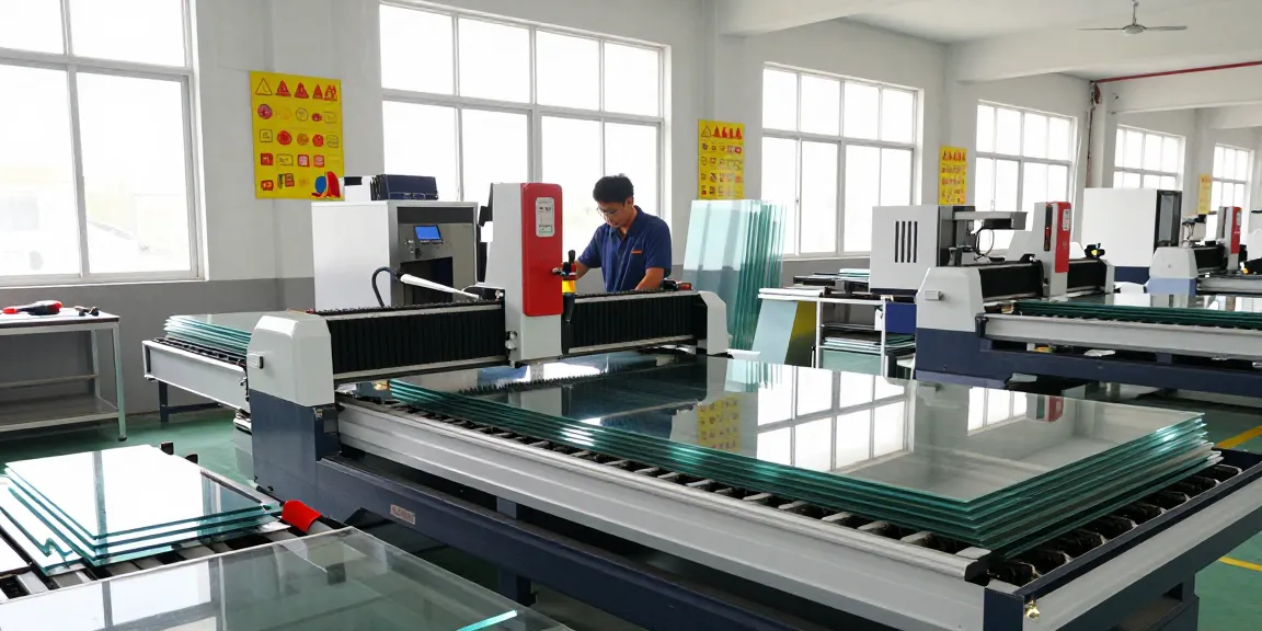 Technician operating a glass cutting machine in a modern factory setting