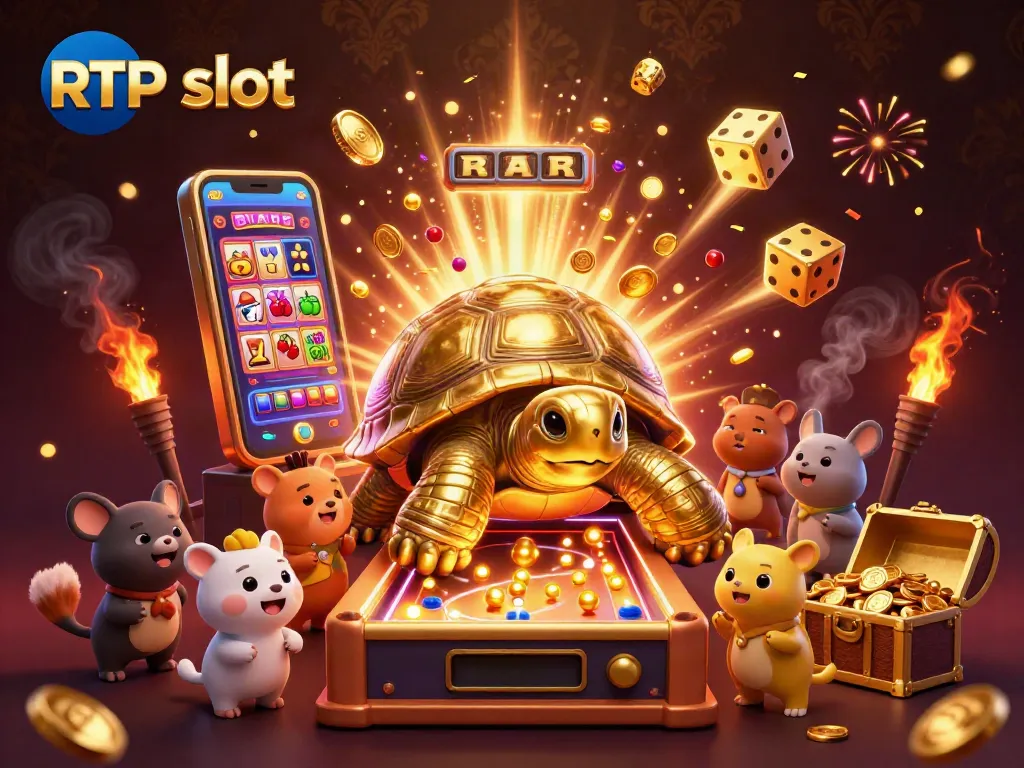 Engaging RTP slot scene with golden tortoise pinball machine and dynamic slot game elements, perfect for players.