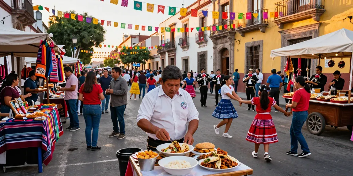 Street festival in Mexico featuring rokok 88 tacos al pastor, vibrant culture, and joyful crowds