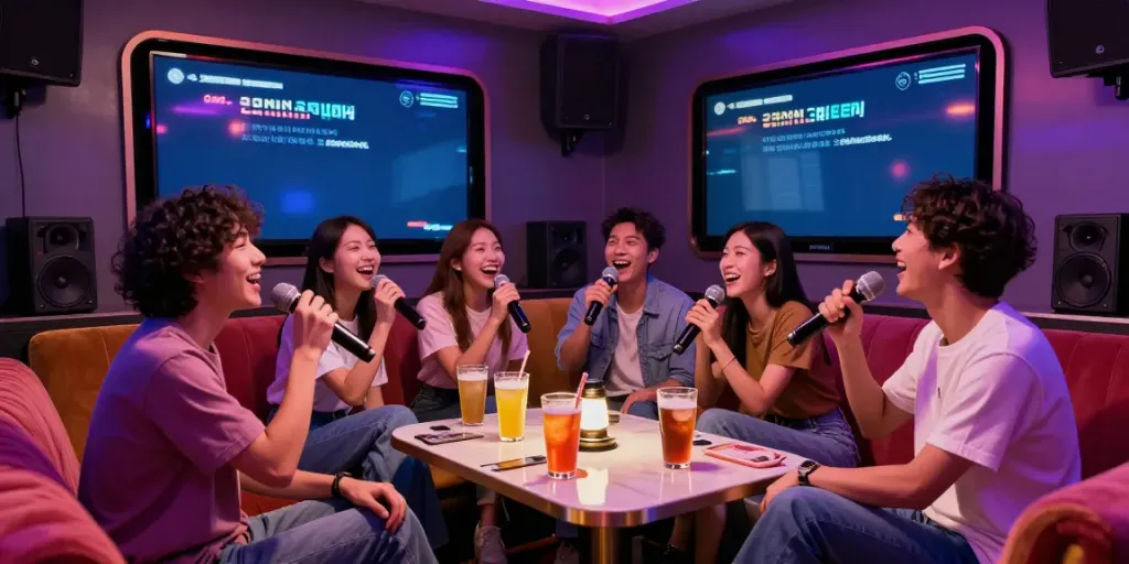 강남 달토에서 친구들과 즐기는 활기찬 가라오케 풍경