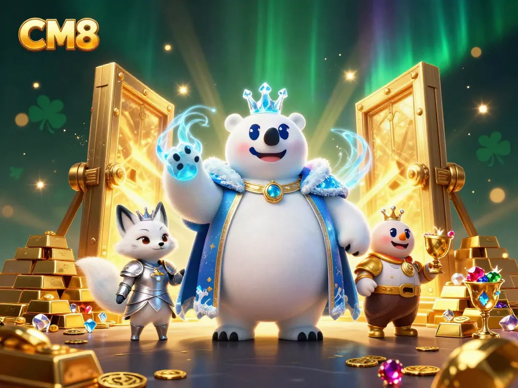 Engage with CM8 casino thrills featuring a polar bear king and treasure amidst flashing lights.