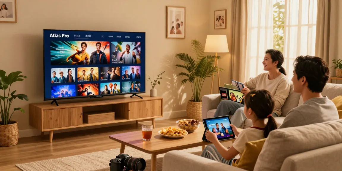 Family enjoying Atlas Pro IPTV entertainment in a cozy living room.