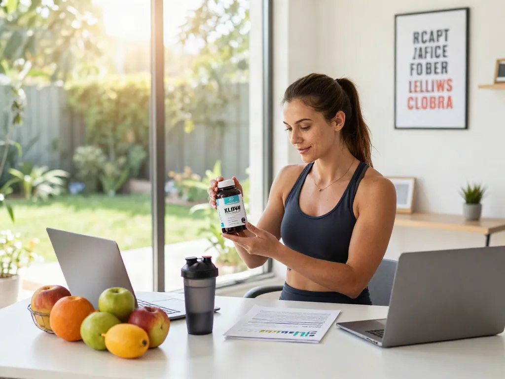 KLOW peptide review in a bright wellness-oriented home office with fitness elements.