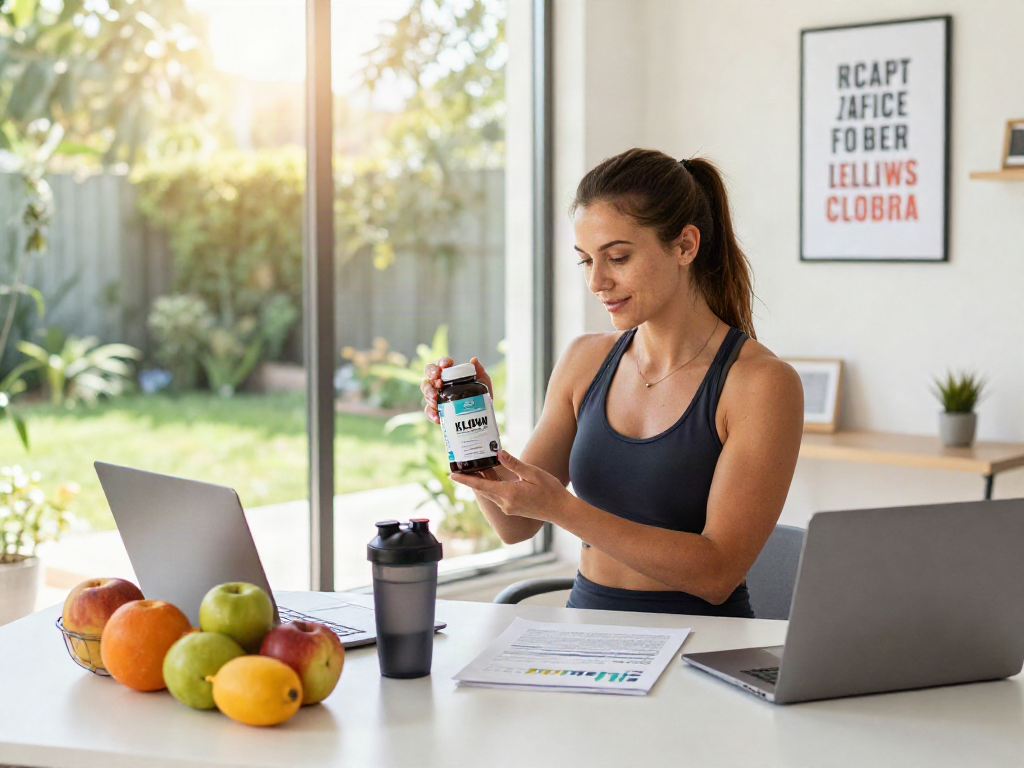 KLOW peptide review in a bright wellness-oriented home office with fitness elements.