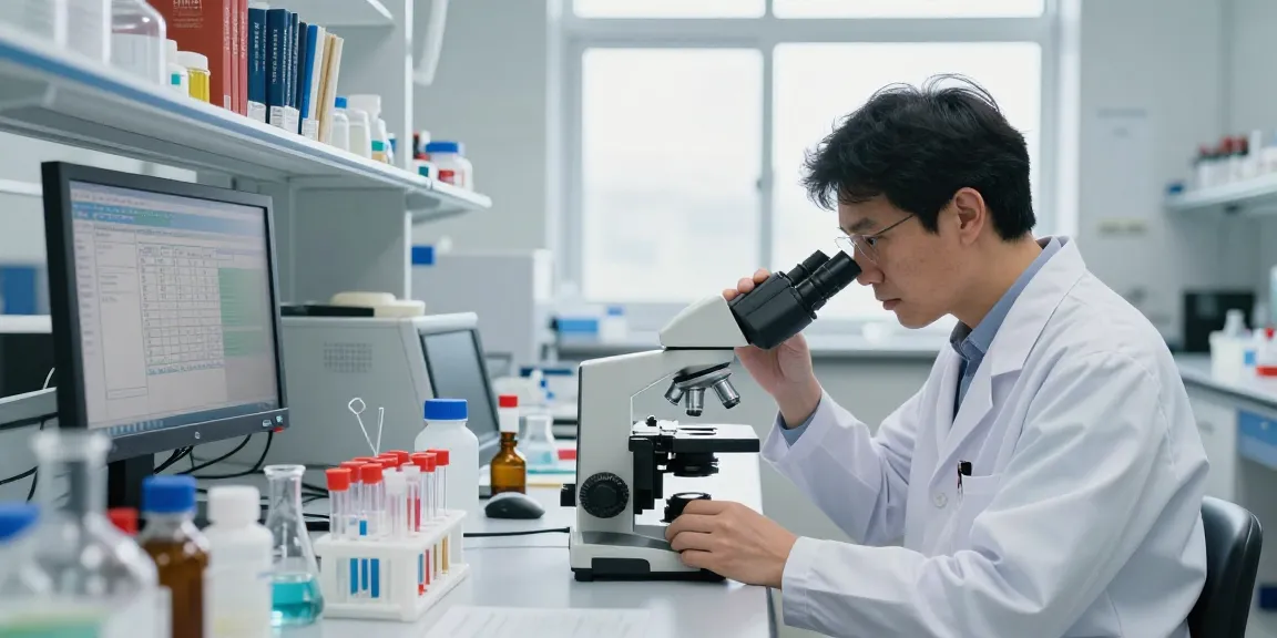 Research peptide supplier examining peptide samples in a bright lab setting with high-tech equipment and organized workspace.