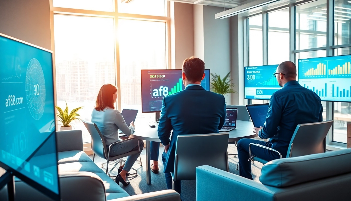 Analyze SEO strategies for af88.com in a vibrant marketing office setting.