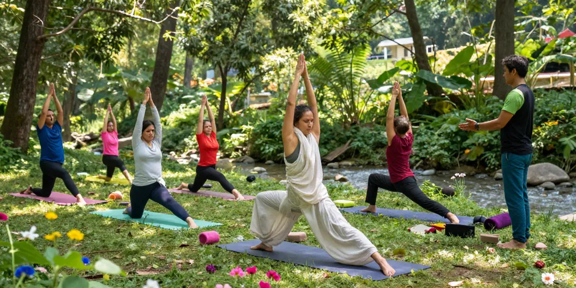 Practitioners in Hatha yoga courses practicing in Rishikesh surrounded by nature's serenity.