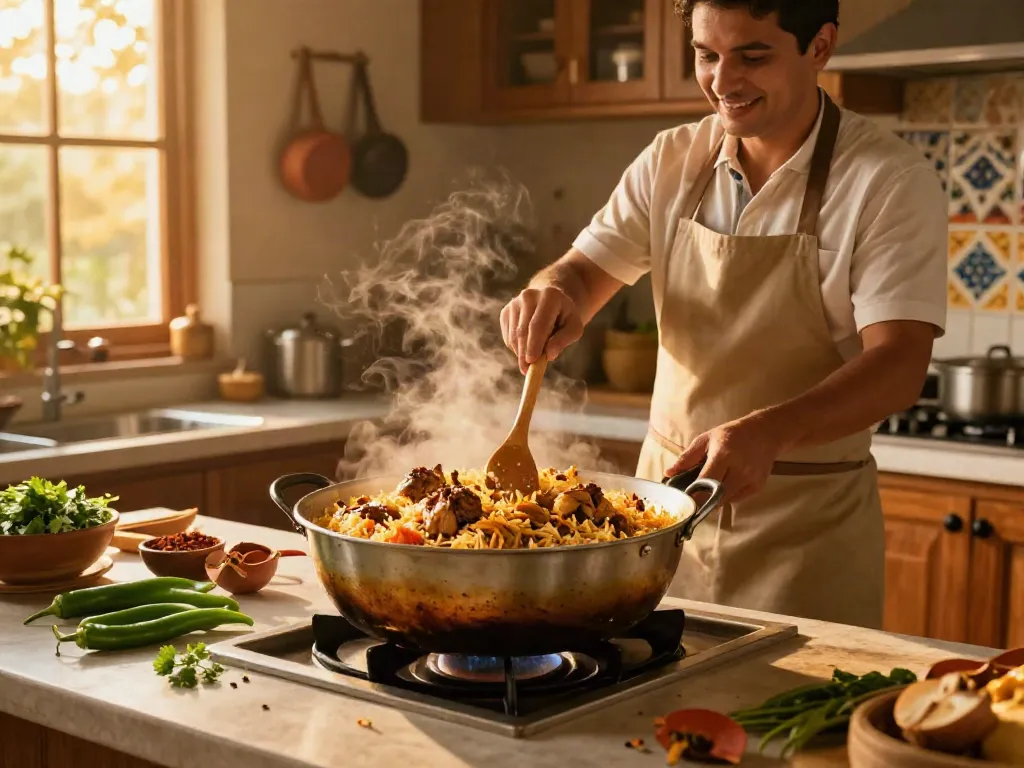 Quick and Easy Recipe for biryani with a home cook stirring a pot of aromatic biryani in a warm kitchen.