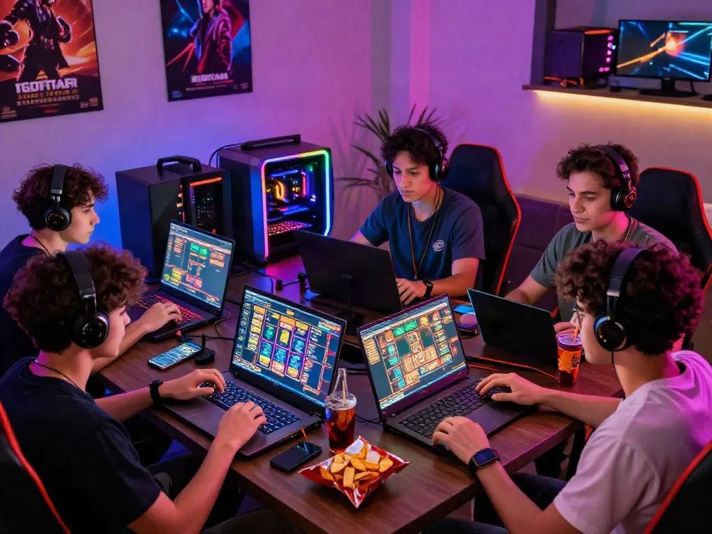 Friends enjoying a slot gacor gaming session with laptops and snacks, highlighting excitement and interaction.