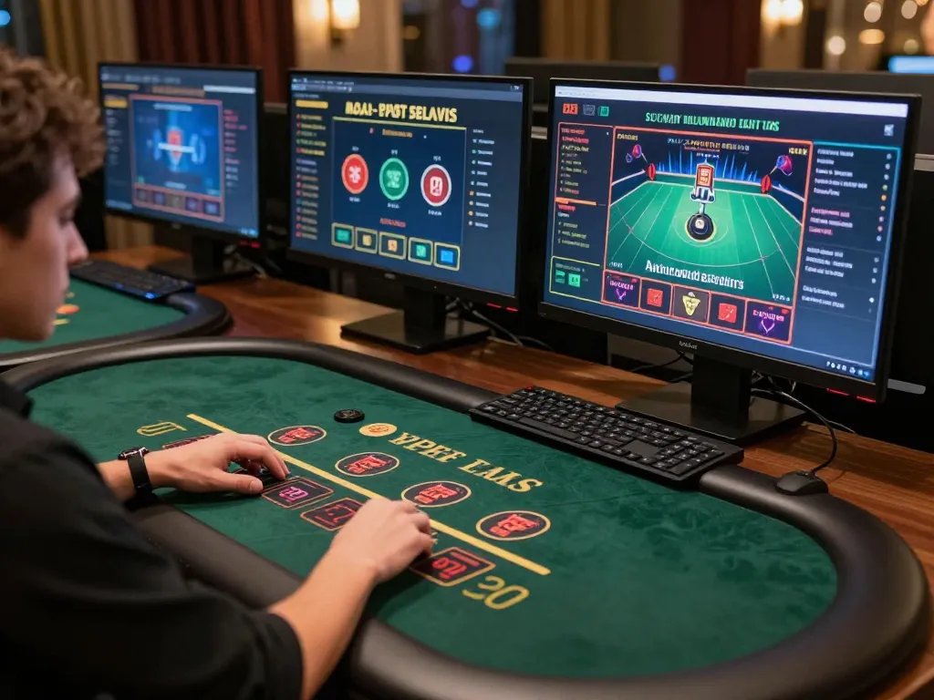 O8 player engaging in live dealer blackjack with advanced gaming setup and immersive atmosphere.