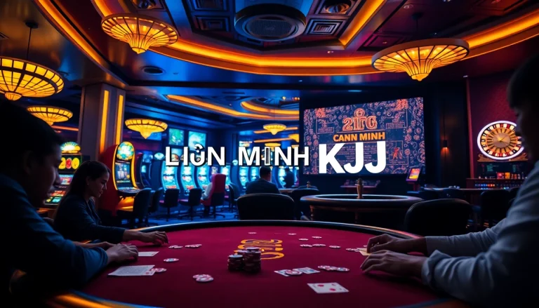 LIÊN MINH KJC players engaged in a high-stakes poker game surrounded by vibrant casino action.