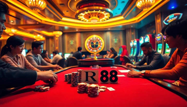 RR88 poker action with colorful chips and dealers at a busy casino table.