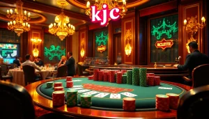 KJC offers an exhilarating poker experience with vibrant cards and chips on the table, capturing high-stakes action.