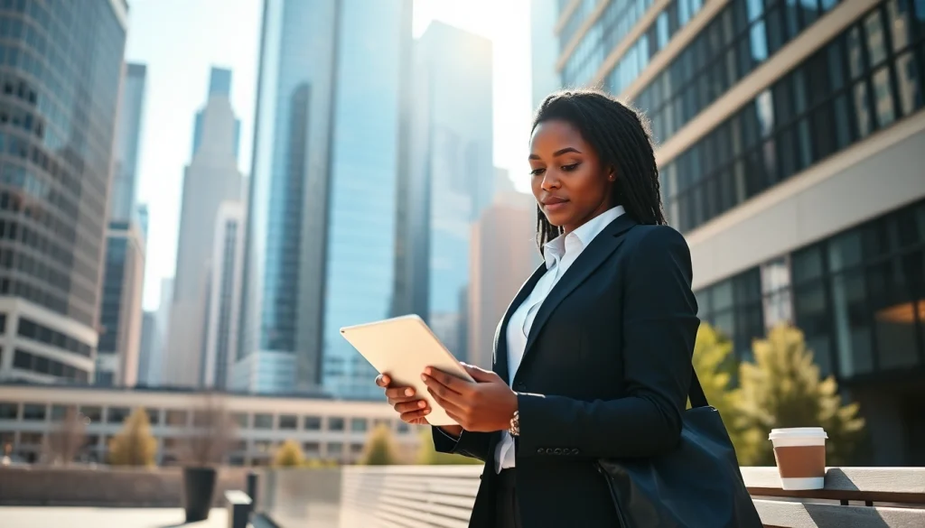 Job seeker exploring opportunities for job in chicago with skyline backdrop.