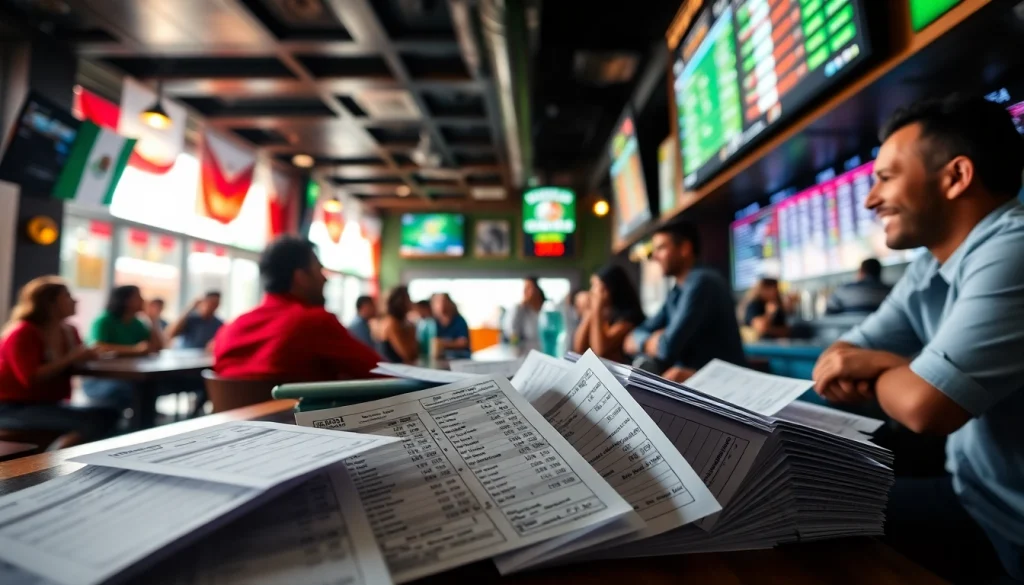 Engaged fans enjoying sports betting Mexico in a lively bar setting with betting slips.