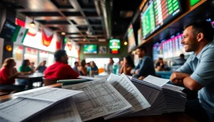 Engaged fans enjoying sports betting Mexico in a lively bar setting with betting slips.