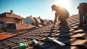 Professional roofing services team installing shingles on a suburban rooftop.
