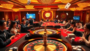 Players at Nhà cái XX88 engage in thrilling games at a vibrant casino table filled with chips and cards.