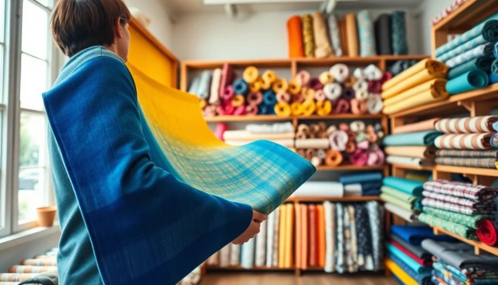 Onderzoek naar canvas stoffen met diverse kleuren en patronen in een stoffenwinkel.