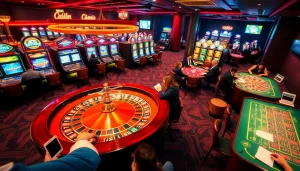 Experience the thrill of Okfun at a lively casino, featuring a bustling roulette wheel and eager players.
