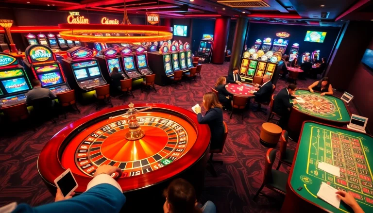 Experience the thrill of Okfun at a lively casino, featuring a bustling roulette wheel and eager players.
