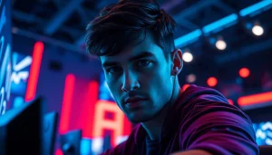 79king athlete gaming intensely with state-of-the-art equipment amidst vibrant arena lights.