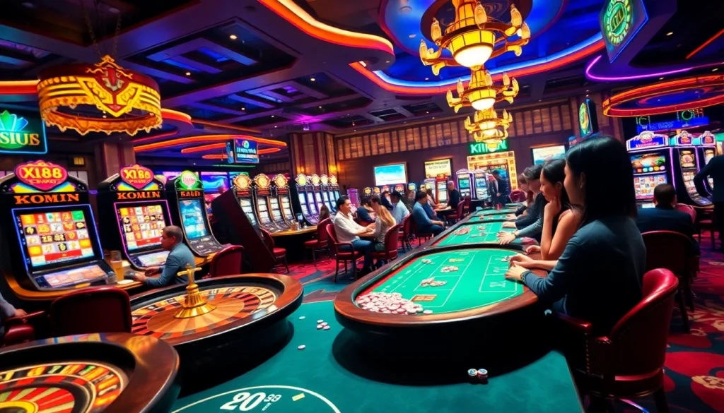 Casino scene showcasing vibrant games and action at KJC AC, featuring poker players, slot machines, and roulette tables.