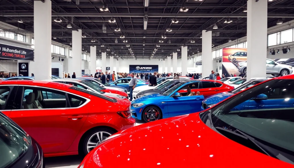 Showcasing a dynamic Auto Cars Show with modern vehicles and enthusiastic crowds at a vibrant exhibition.