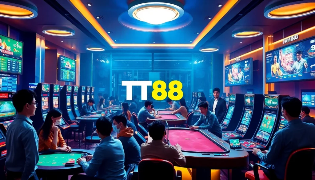 TT88 immersive online casino scene showcasing diverse players and engaging games with a modern design.
