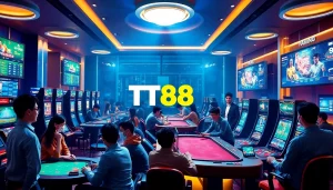 TT88 immersive online casino scene showcasing diverse players and engaging games with a modern design.