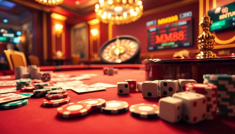 Experience thrilling casino action with MM88, featuring poker chips, cards, and a roulette wheel.