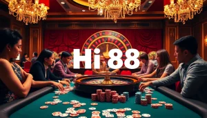 Hi88 players betting enthusiastically at a luxurious casino poker table.