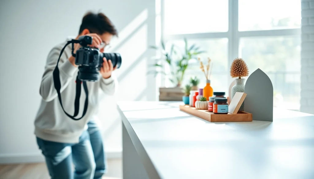 Fotografo ecommerce che cattura immagini di prodotti su un elegante tavolo minimalista.