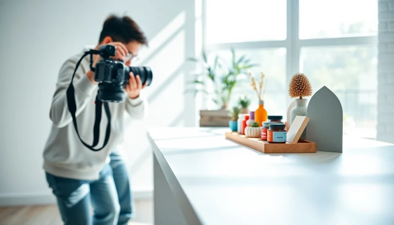 Fotografo ecommerce che cattura immagini di prodotti su un elegante tavolo minimalista.