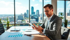 Engaging investment management San Antonio advisor working with clients in a modern office.