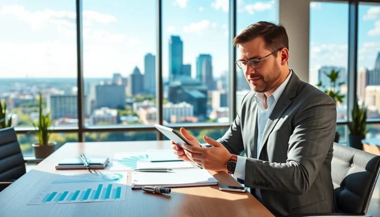 Engaging investment management San Antonio advisor working with clients in a modern office.