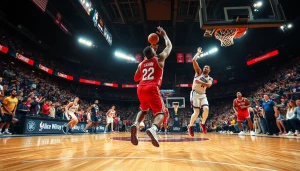 nba중계의 긴장감 있는 농구 경기 장면, 선수들이 열띤 경기를 펼치고 있습니다.