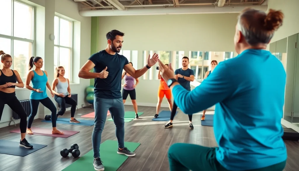 Group workout session led by a coach showcasing 888 new fitness techniques to participants.
