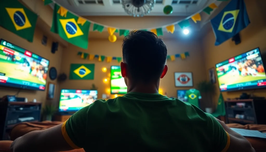 Engaged fan enjoying best sportsbooks Brazil in a vibrant setting with sports memorabilia.