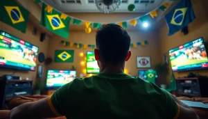 Engaged fan enjoying best sportsbooks Brazil in a vibrant setting with sports memorabilia.