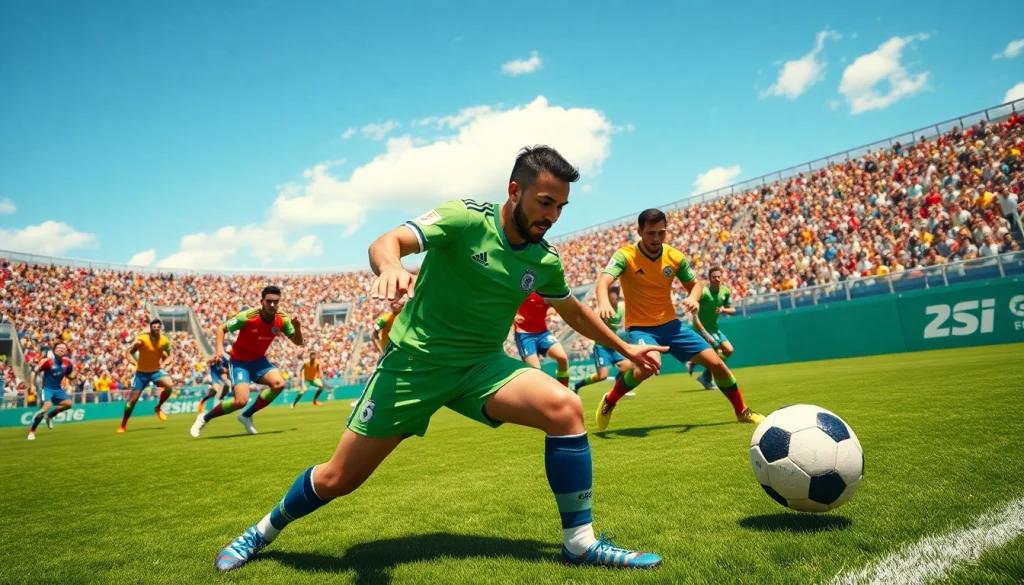 축구중계 장면에서 골을 시도하는 선수의 강렬한 표정과 플레이 모습