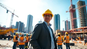 Manhattan Construction Manager leading a construction team on-site with a bustling atmosphere.
