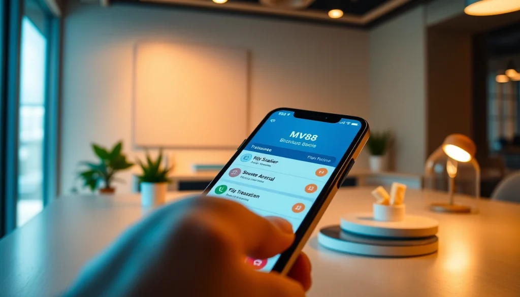 MV88 app interface displayed on a mobile device in a modern workspace.