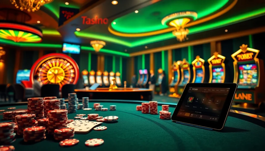 Experience the excitement of gambling at 789BET with vibrant casino visuals featuring tables, cards, and roulette.
