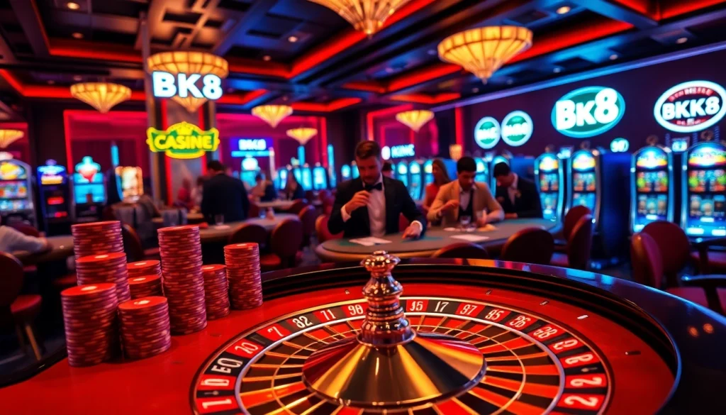 Exciting atmosphere at BK8 casino with lively players at the poker table and roulette wheel.