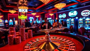 Exciting atmosphere at BK8 casino with lively players at the poker table and roulette wheel.