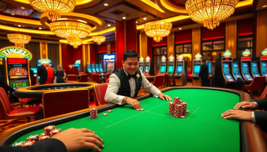 Experience the thrill of King88 at a lively casino poker table with vibrant chips and dealers.