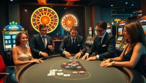 Betsson Download: Players enjoying an exciting casino experience with luxurious poker tables and vibrant slot machines.