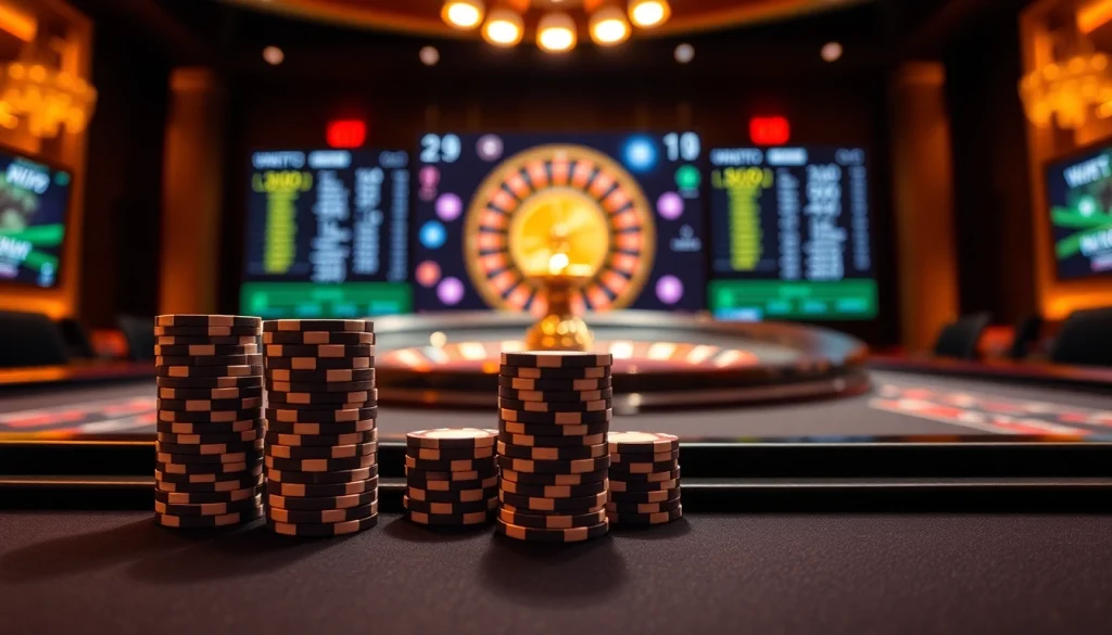 Experience thrilling online betting at VNLOTO with a vibrant casino scene featuring poker chips and a roulette wheel.